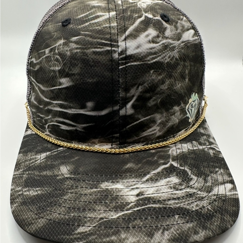 Black and White Patterned Cap with Gold Chain